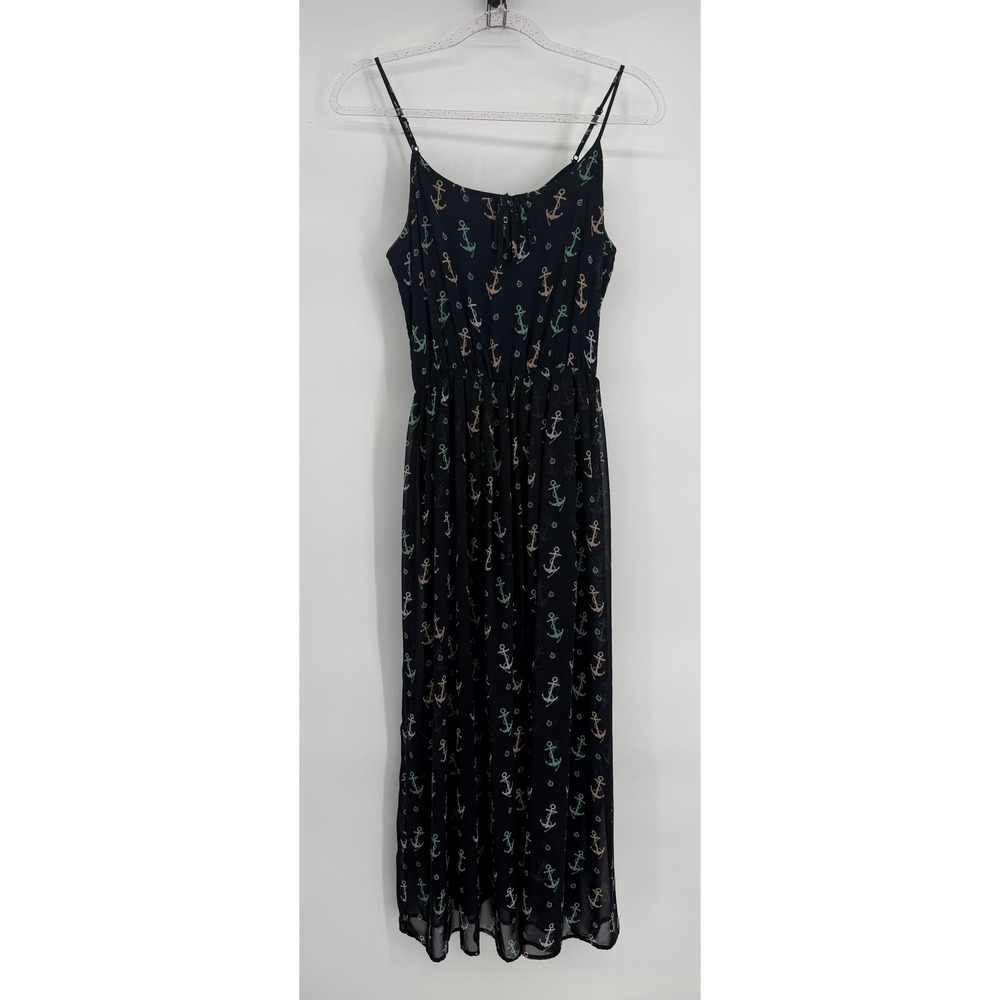Maison Jules Navy Blue Anchor Print Midi Dress S S Spaghetti Strap Nautical